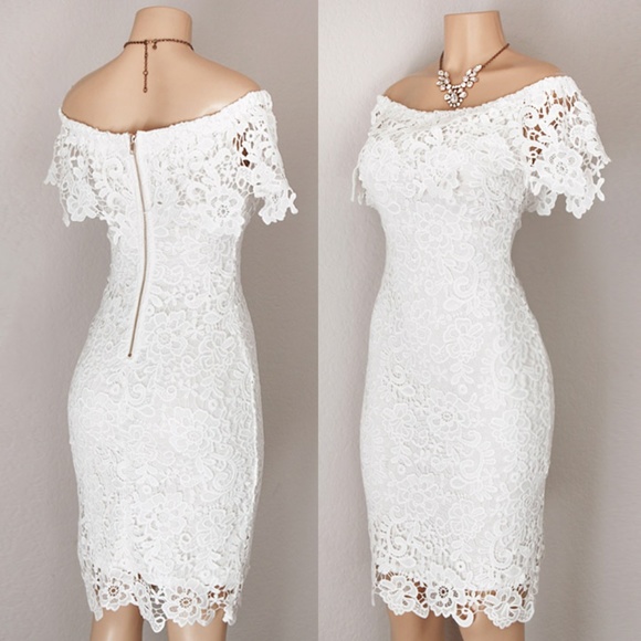 Maybe Wang Dresses & Skirts - Last☝️ Crochet Lace Off Shoulder Sheath Midi Dress